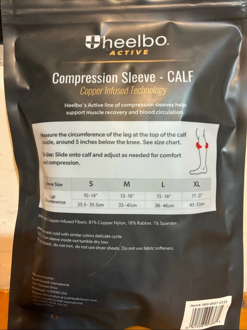 Heelbo Active Copper Compression Calf Sleeve — Black (Unisex L)
